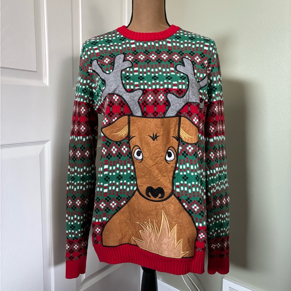 Red and green Christmas reindeer sweater Blizzard Bay size m drink holder pocket